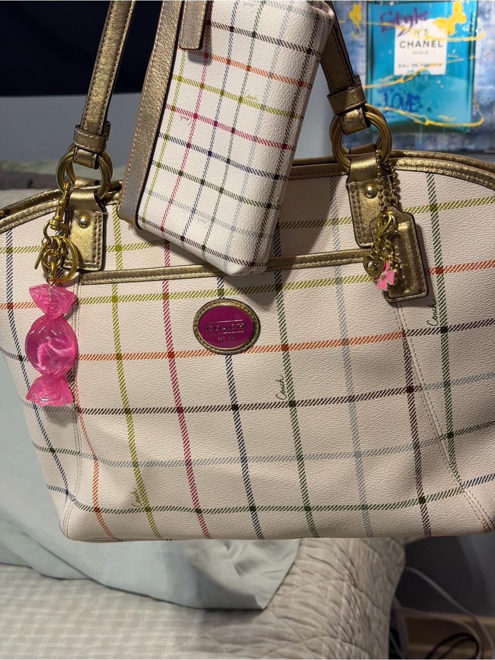Coach Cream Plaid Tote with Gold Trim and Pink Accents